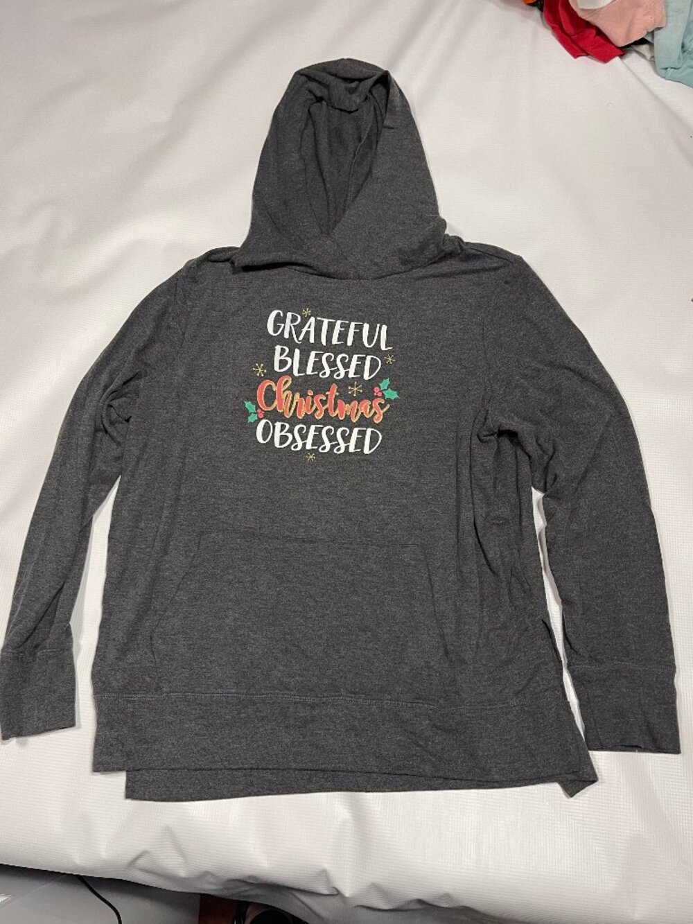 Women's Ultra Lightweight Christmas Fashion Hoodie, Dark Grey, "Grateful Blessed